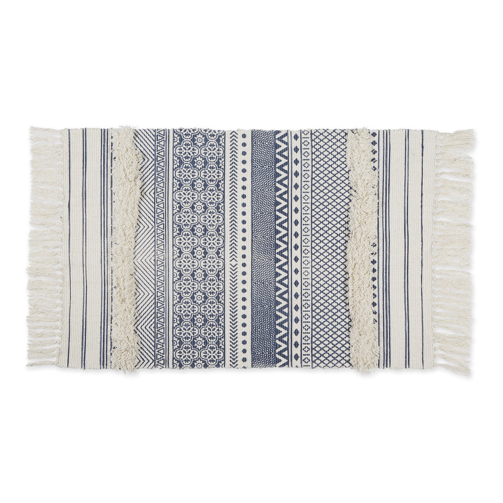 French Blue Printed Off-White Hand-Loomed Shag Rug 2X3 Ft