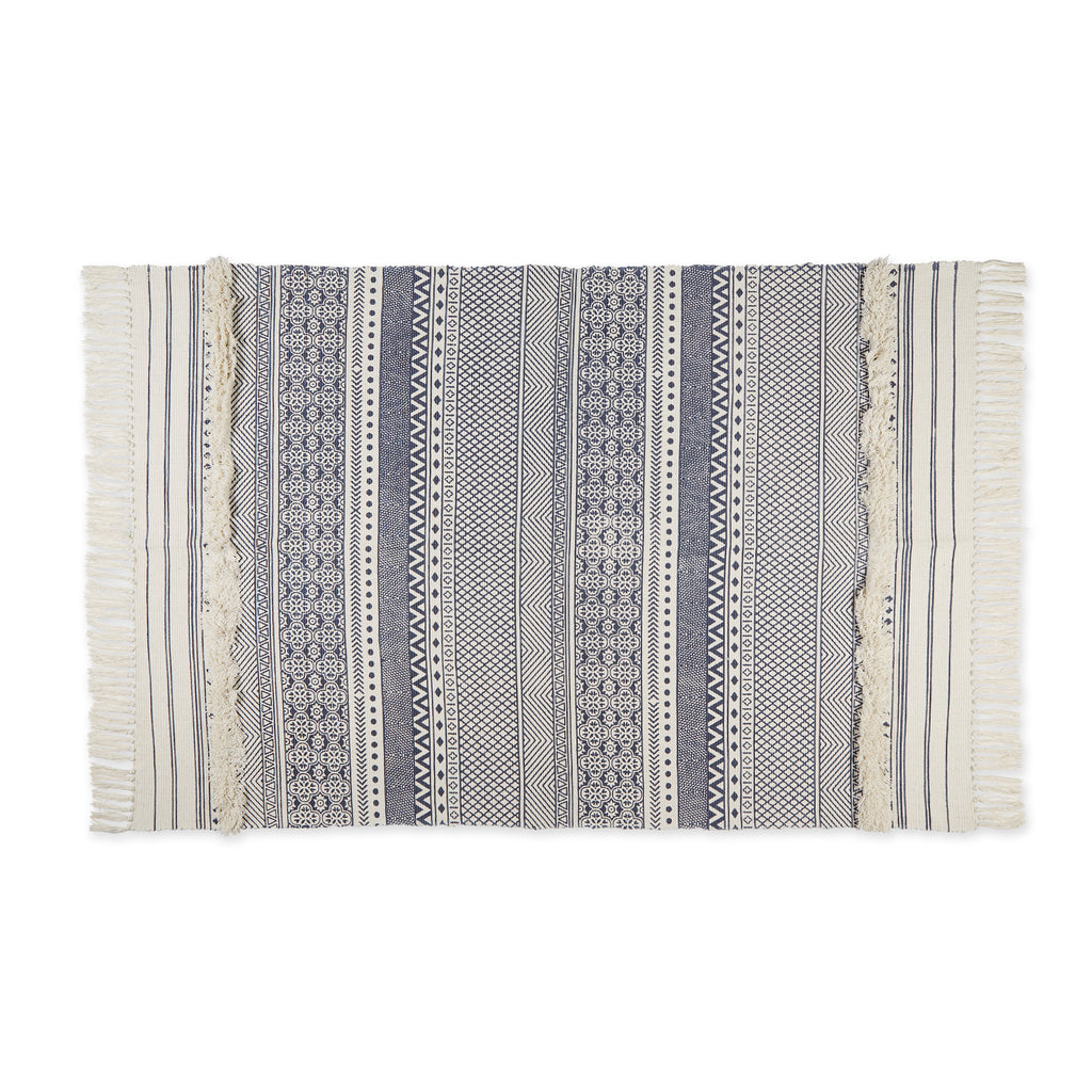 French Blue Printed Off-White Hand-Loomed Shag Rug 4X6 Ft