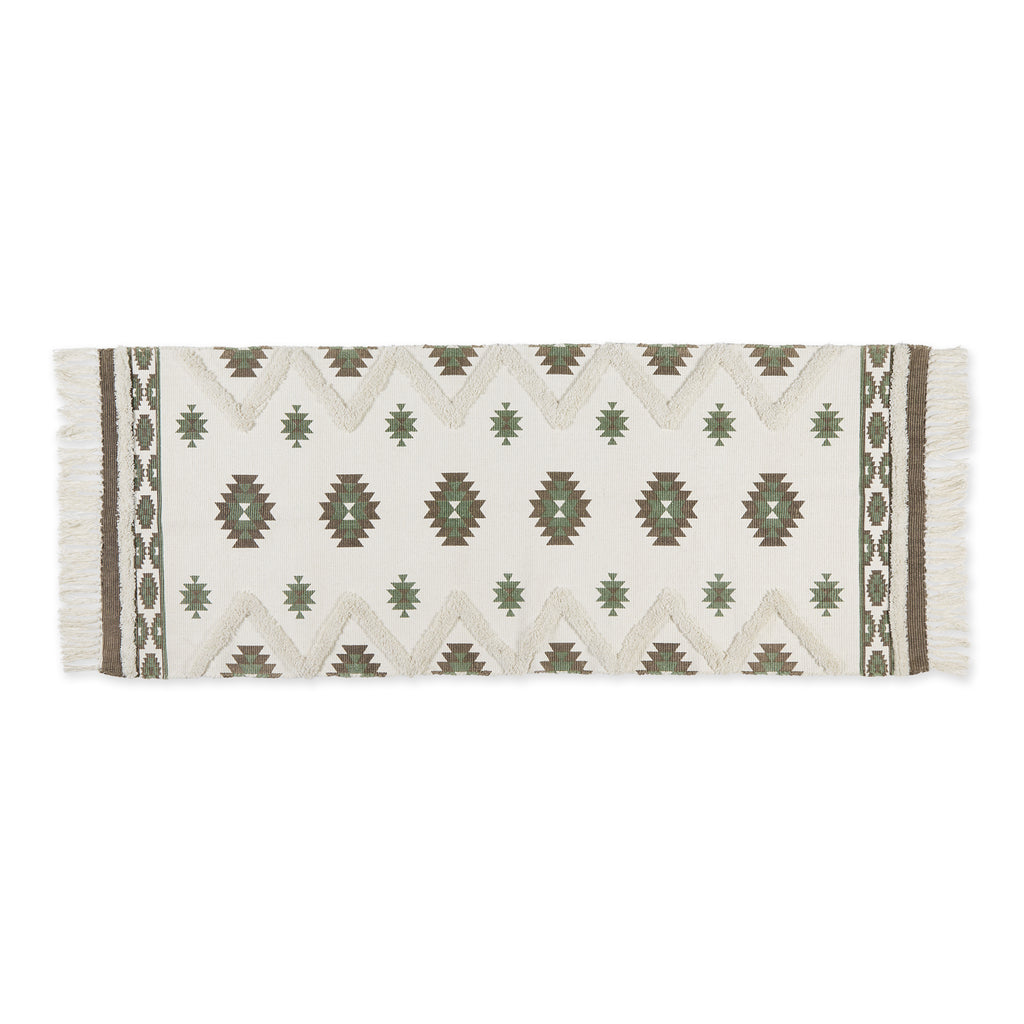 Brown And Green Printed Off-White Hand-Loomed Shag Rug Runner 2Ft 3Inx6Ft