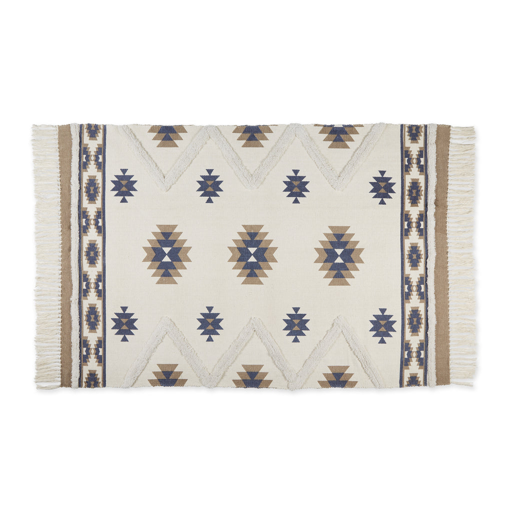 Stone And Blue Printed Off-White Hand-Loomed Shag Rug 4X6 Ft