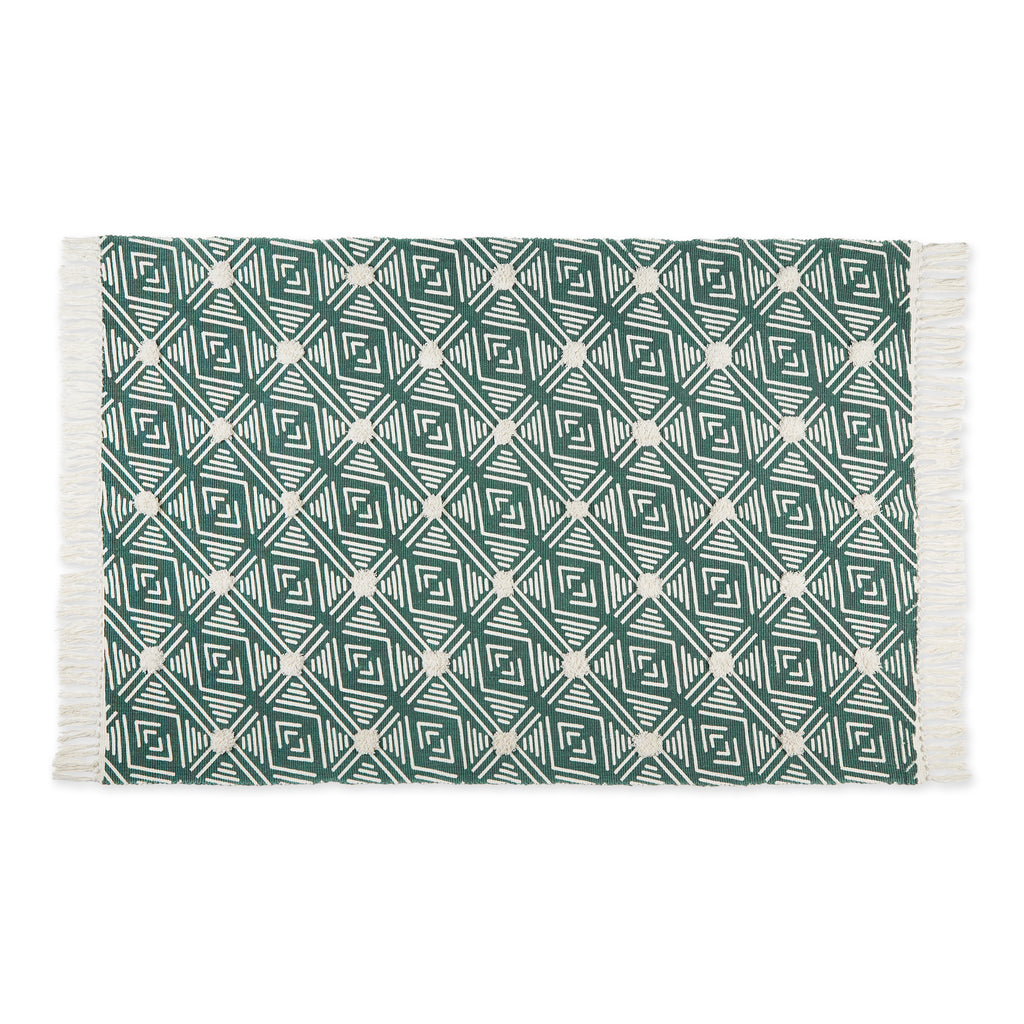 Teal Diamond Printed Off-White Hand-Loomed Shag Rug 4X6 Ft