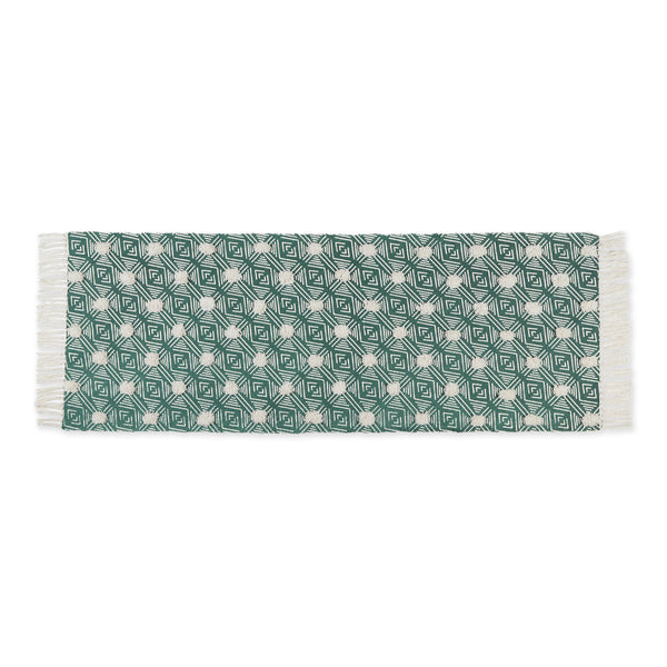 Teal Diamond Printed Off-White Hand-Loomed Shag Rug Runner 2Ft 3Inx6Ft