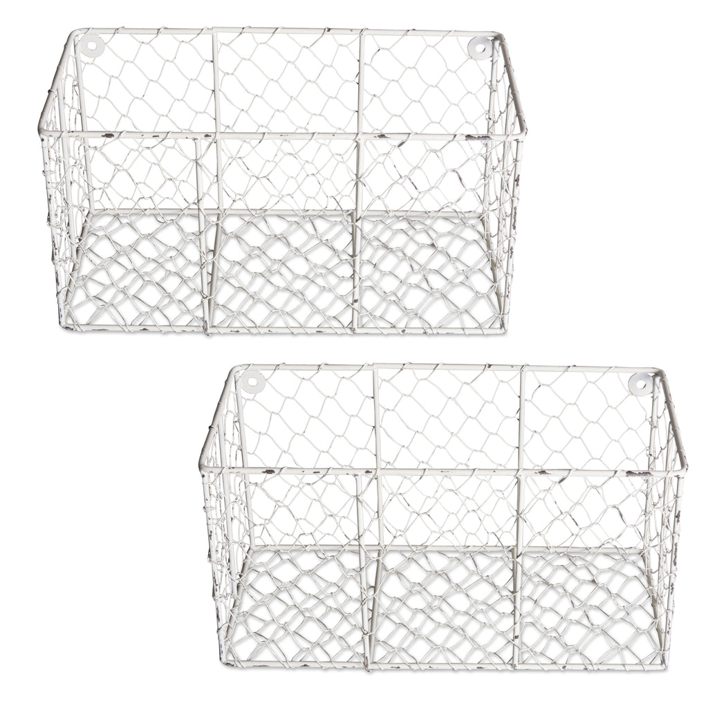 Small Antique White Chicken Wire Wall Mount Basket Set of 2