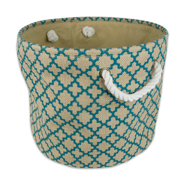 Burlap Bin Lattice Teal Round Medium 12 x 15 x 15