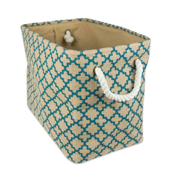 Burlap Bin Lattice Teal Rectangle Large 17.5 x 12 x 15