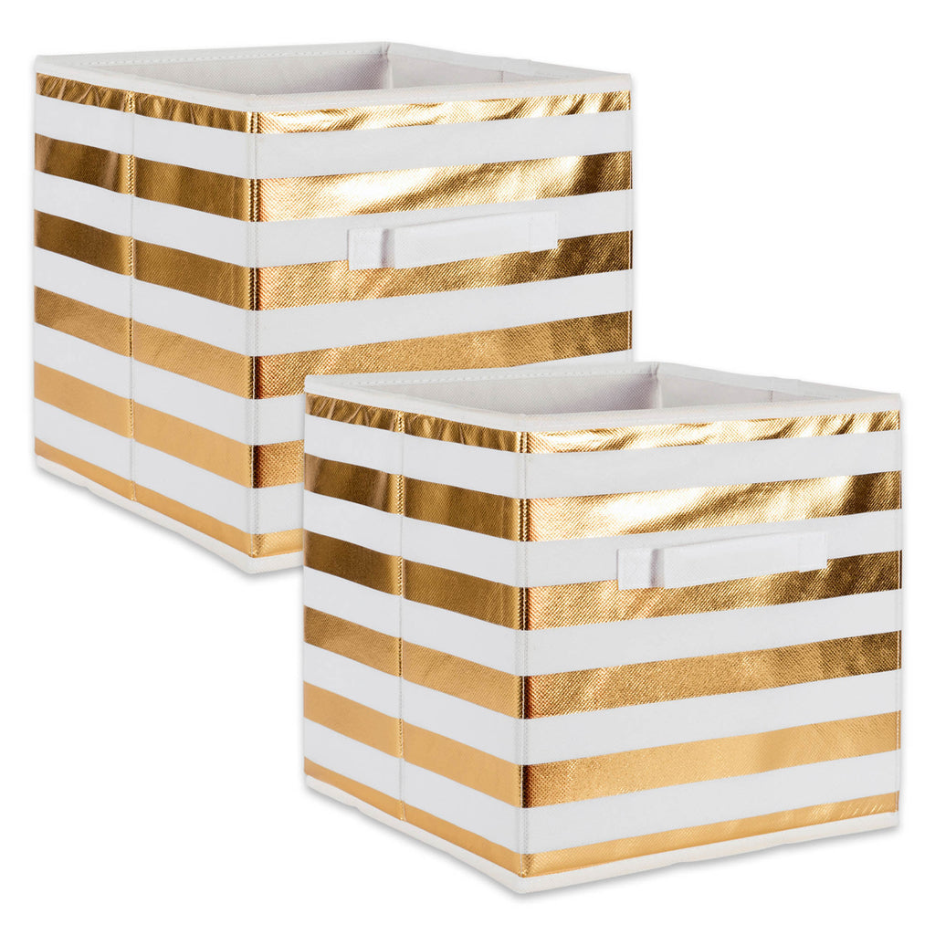 Nonwoven Polyester Cube Stripe White/Gold Square 11 x 11 x 11 Set of 2