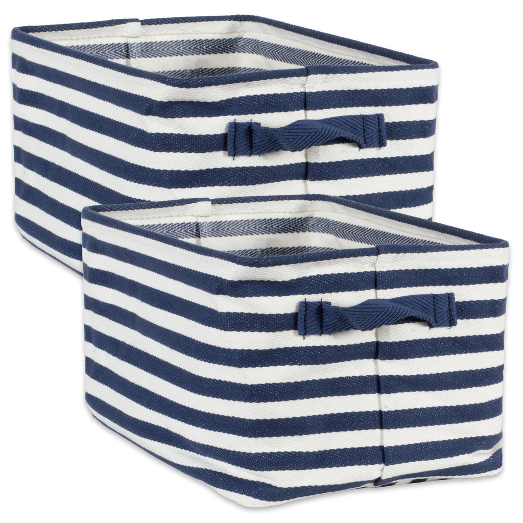 Herringbone Woven Cotton Laundry Bin Stripe French Blue Rectangle Medium