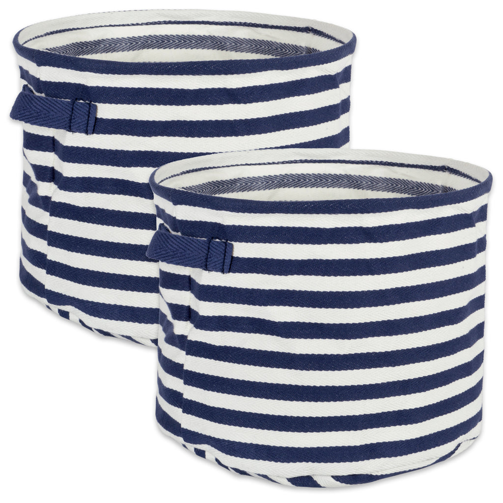 Herringbone Woven Cotton Laundry Bin Stripe French Blue Round Small