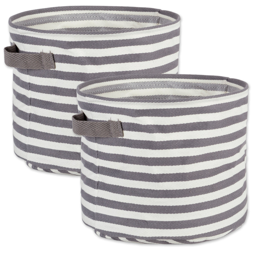 Herringbone Woven Cotton Laundry Bin Stripe Gray Round Medium