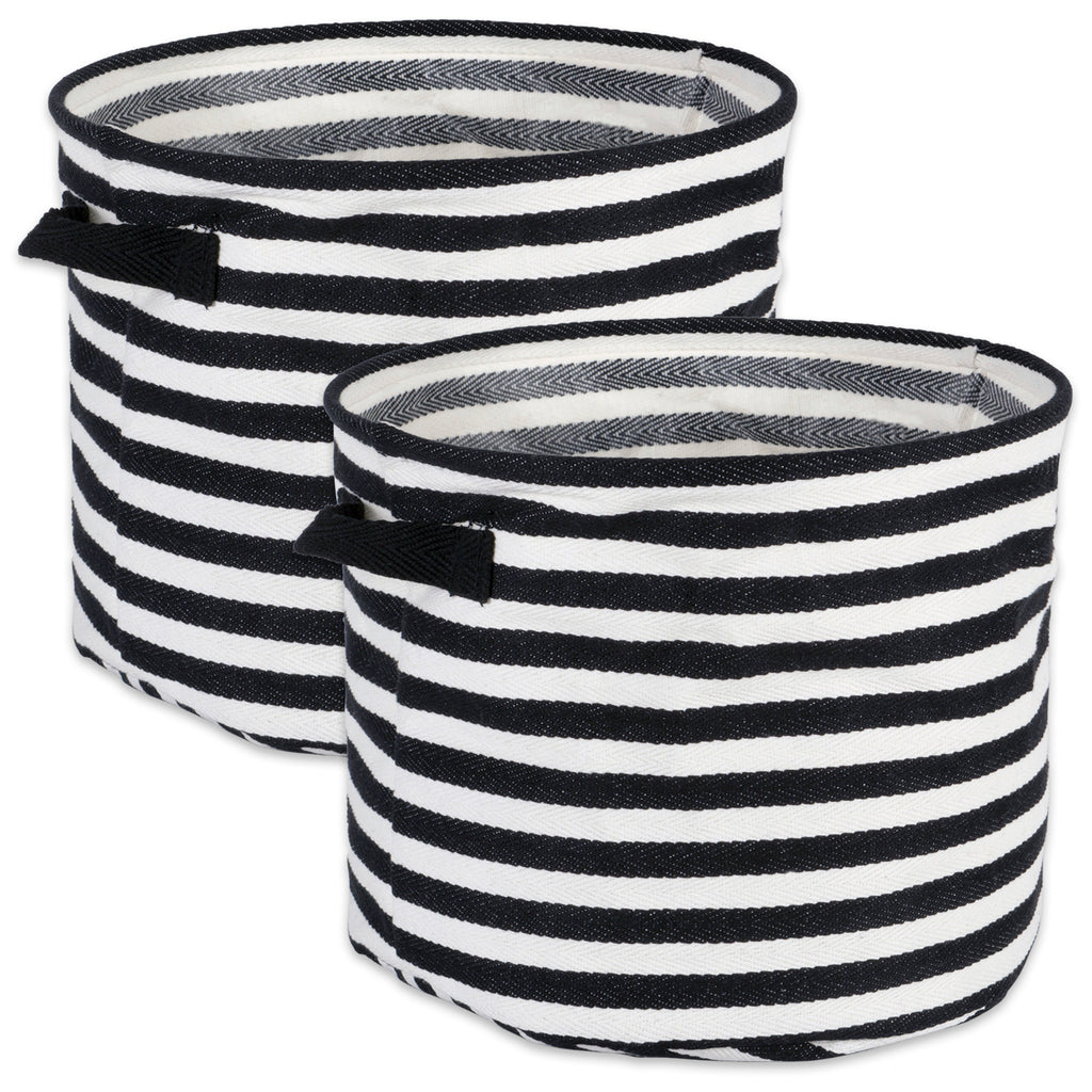 Herringbone Woven Cotton Laundry Bin Stripe Black Round Small