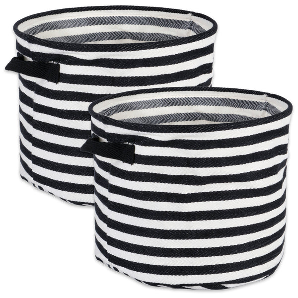 Herringbone Woven Cotton Laundry Bin Stripe Black Round Large